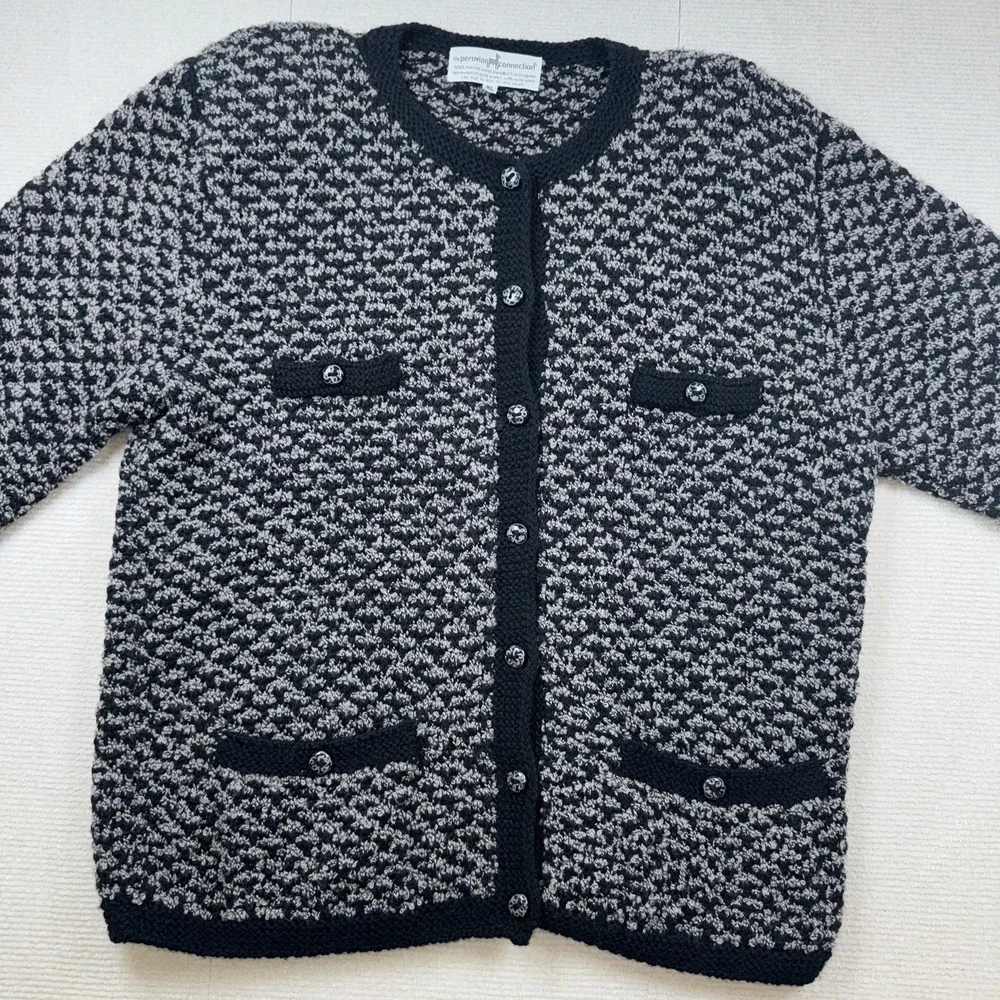 Peruvian Connection Cardigan Women XL Black Grey Merino‎ Wool Handknit Popcorn